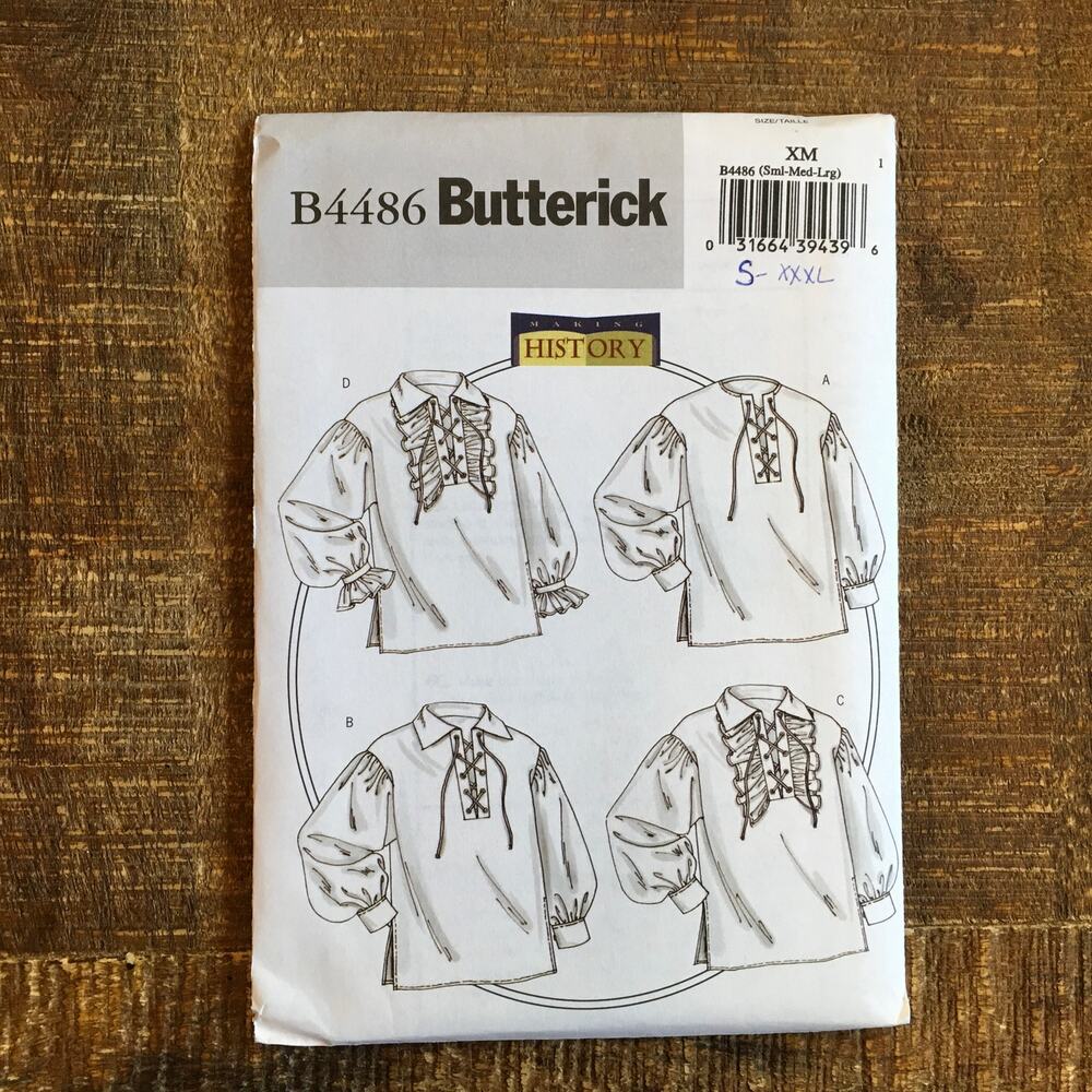Butterick Sewing Pattern B4486 Unisex Renaissance Blouse Lace Up S-M-L UNCUT